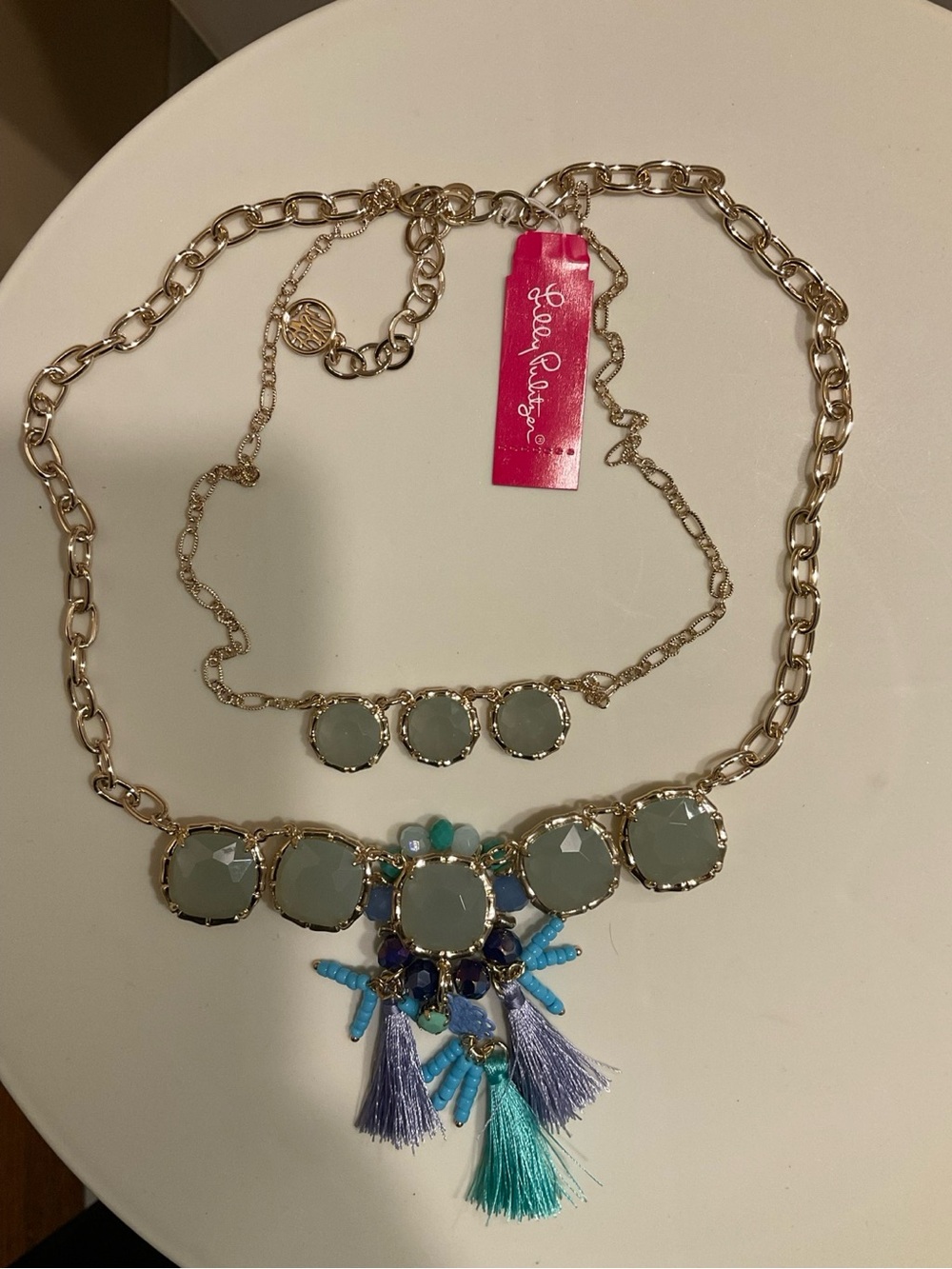 Lilly Pulitzer Tassel Bib Statement Necklace Blue Green Gold NWT MSRP $98